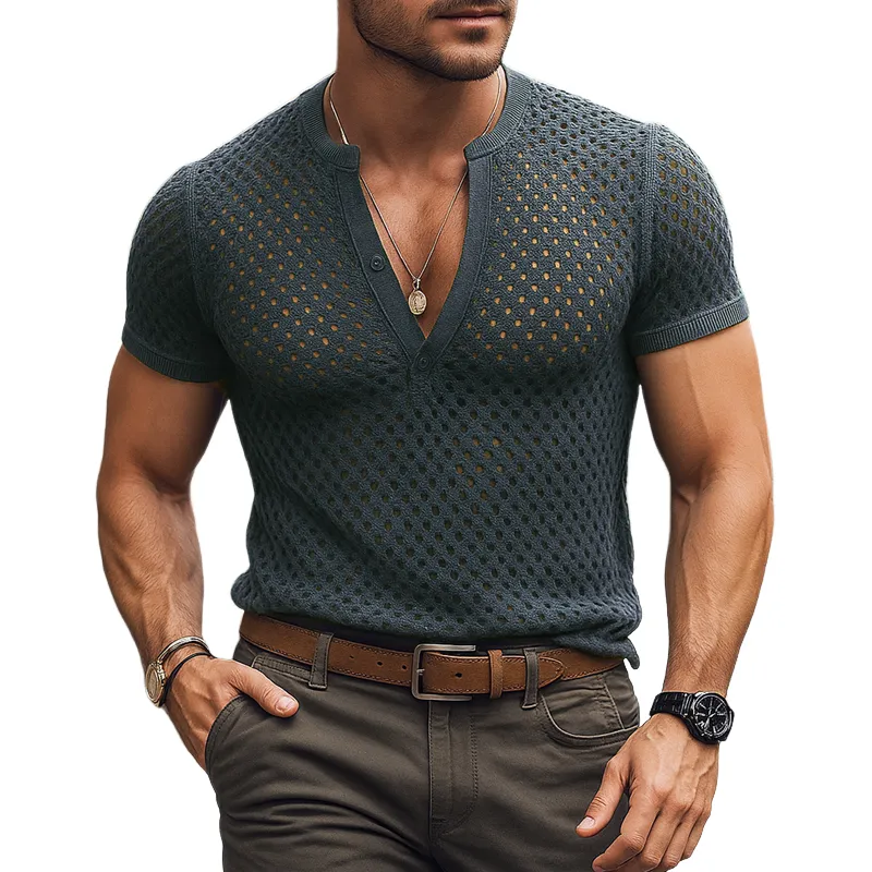 Men's Solid Hollow Knit Henley Collar Short Sleeve T-shirt MTA2013F2Z sold by Manly