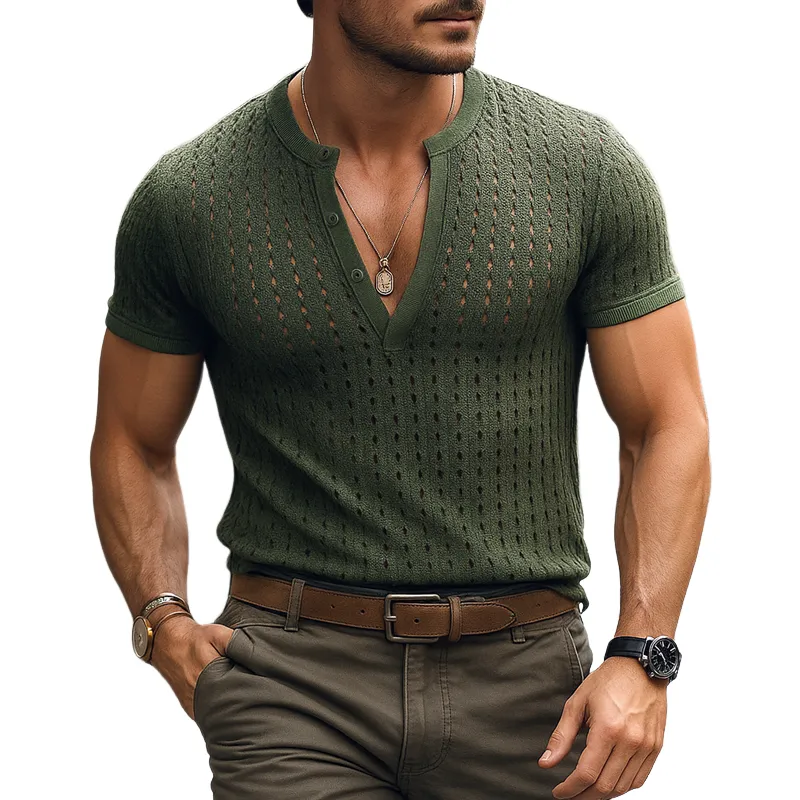 Men's Solid Hollow Knit Henley Collar Short Sleeve T-shirt MTA2080F5Z sold by Manly