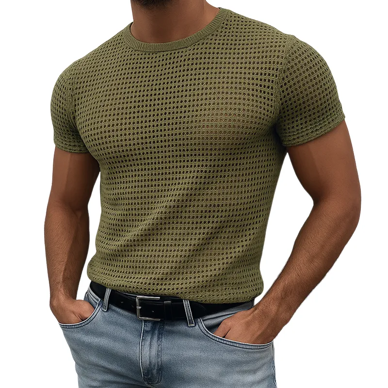 Men's Solid Hollow Knit Round Neck Short Sleeve T-shirt MTA2074F5Z sold by Manly