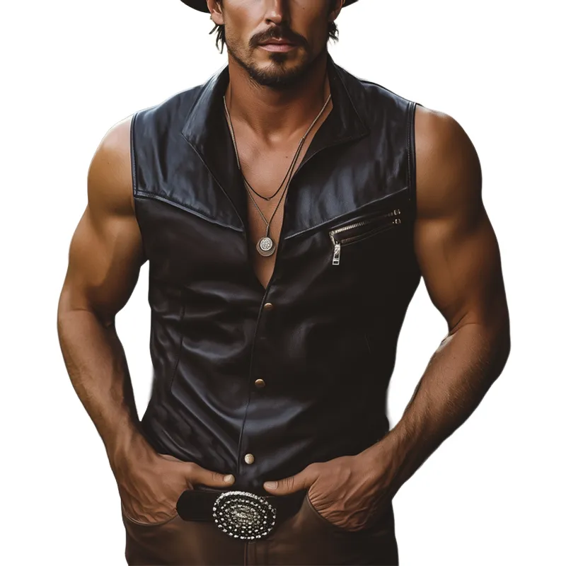 Men's Summer Western Cowboy Style PU Leather Sleeveless Shirt MTA2029F7U sold by Manly