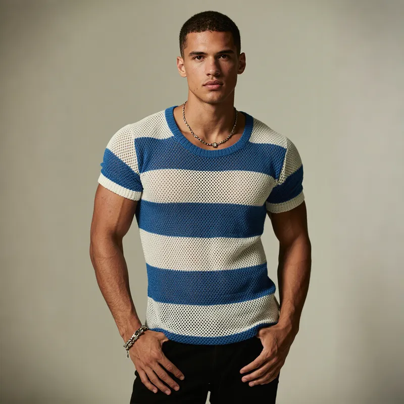 Men's Retro Casual Hollow Striped Color Block Round Neck Short Sleeve T-Shirt MTA1972F1TO sold by Manly product image thumbnail 3