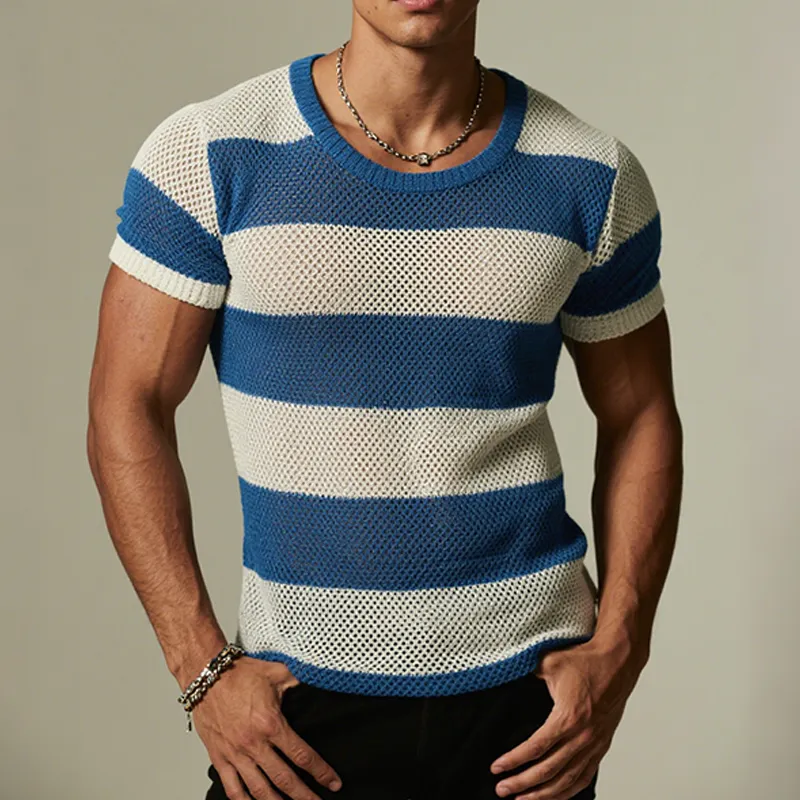 Men's Retro Casual Hollow Striped Color Block Round Neck Short Sleeve T-Shirt MTA1972F1TO sold by Manly product image thumbnail 2