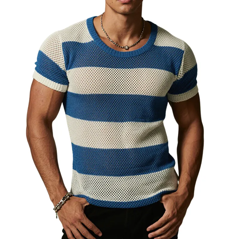 Men's Retro Casual Hollow Striped Color Block Round Neck Short Sleeve T-Shirt MTA1972F1TO sold by Manly