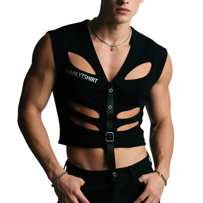 Men's Retro Casual Hollow Knitted Leather Splicing V-Neck Tank Top MTA1914F6TO sold by Manly
