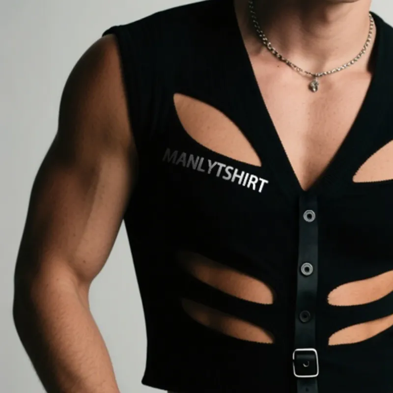 Men's Retro Casual Hollow Knitted Leather Splicing V-Neck Tank Top MTA1914F6TO sold by Manly product image thumbnail 3