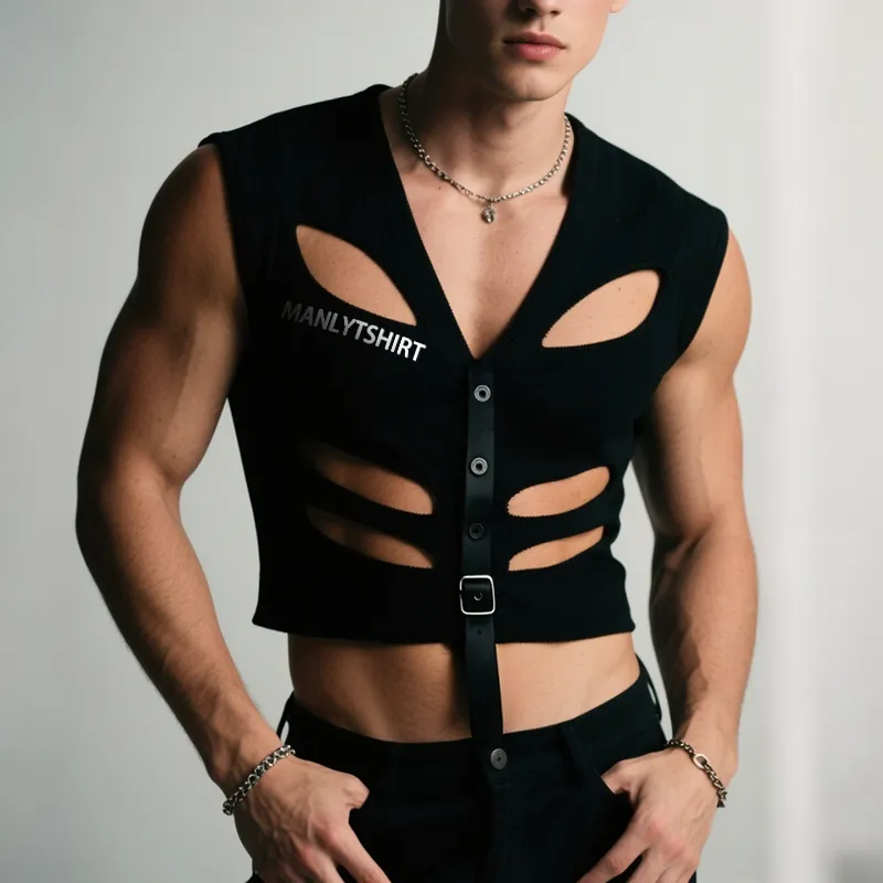 Men's Retro Casual Hollow Knitted Leather Splicing V-Neck Tank Top MTA1914F6TO sold by Manly product image thumbnail 2