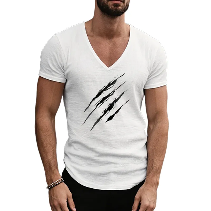 Men's Retro Casual Scratched Printed Cotton V-Neck Short Sleeve T-Shirt MTA1969F0TO sold by Manly