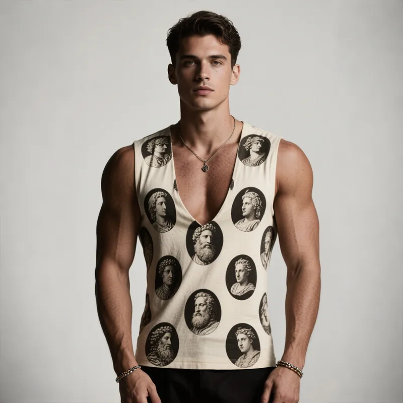 Men's Retro Casual Classical Printed V-Neck Sleeveless Tank Top MTA1979F0TO sold by Manly product image thumbnail 3