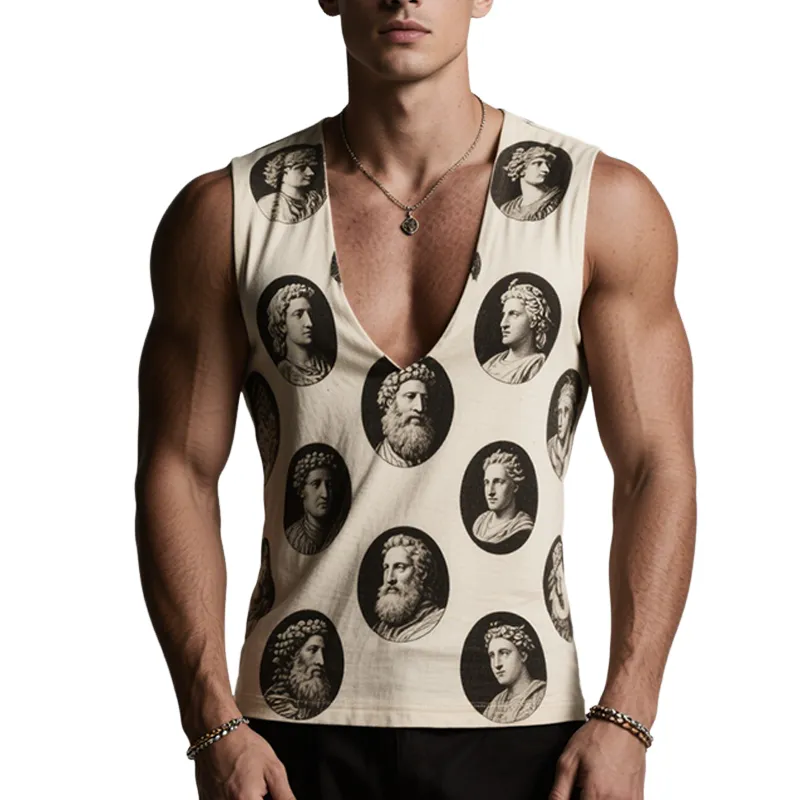 Men's Retro Casual Classical Printed V-Neck Sleeveless Tank Top MTA1979F0TO sold by Manly
