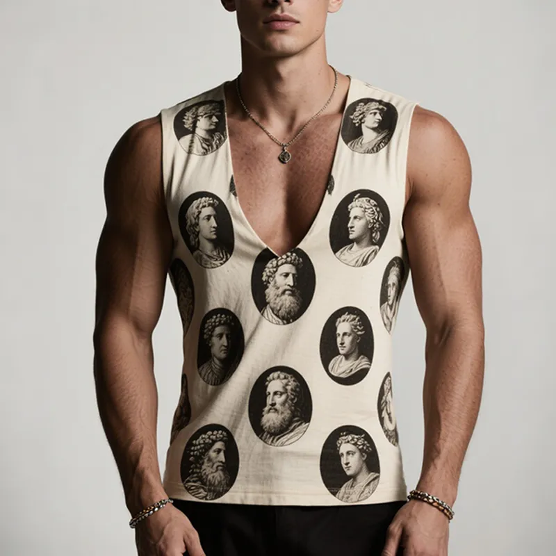 Men's Retro Casual Classical Printed V-Neck Sleeveless Tank Top MTA1979F0TO sold by Manly product image thumbnail 2