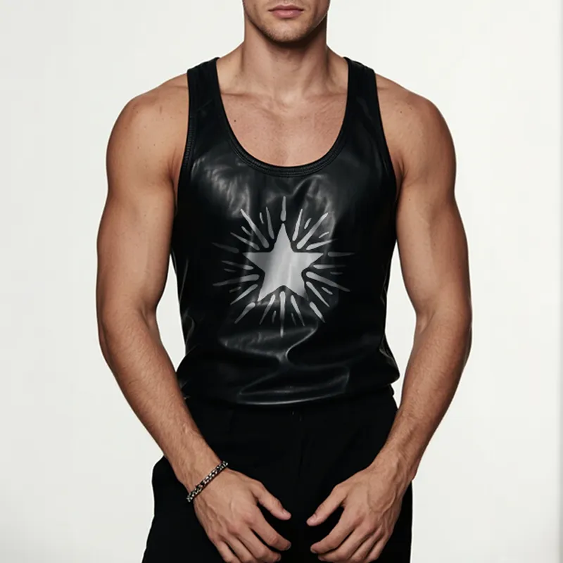 Men's Retro Casual Leather Star Printed Round Neck Sleeveless Tank Top MTA1986F1TO sold by Manly product image thumbnail 2