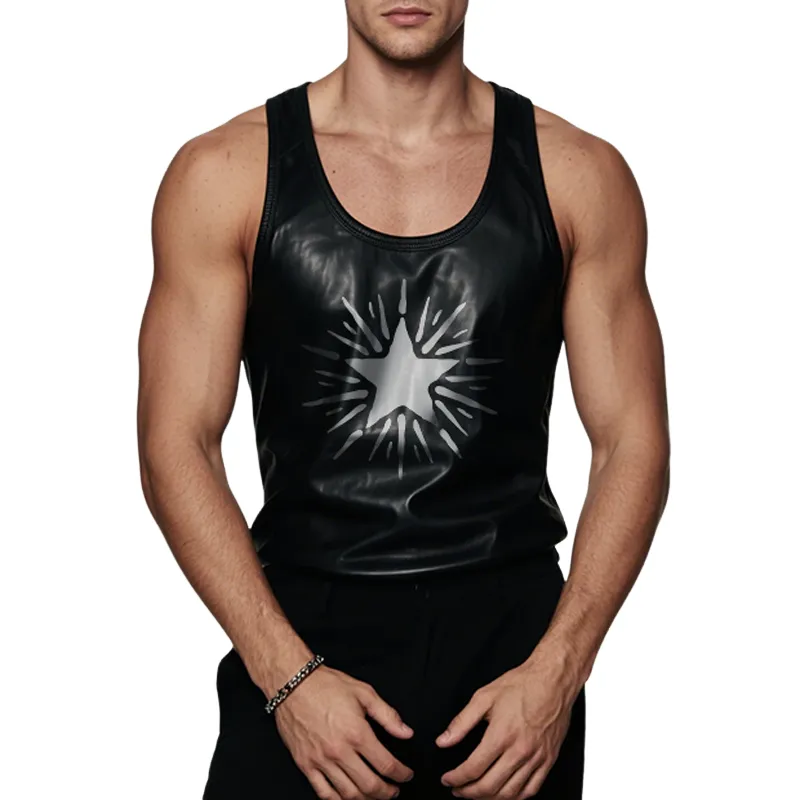 Men's Retro Casual Leather Star Printed Round Neck Sleeveless Tank Top MTA1986F1TO sold by Manly