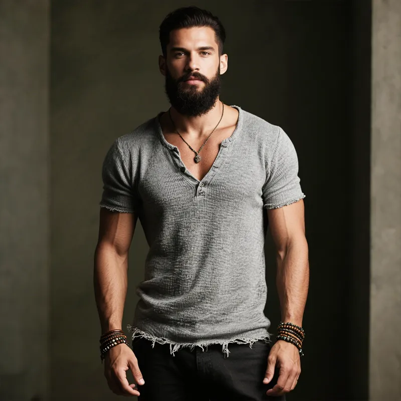 Men's Retro Casual Solid Color Worn Round Neck Short Sleeve T-Shirt MTA1984F0TO sold by Manly product image thumbnail 3