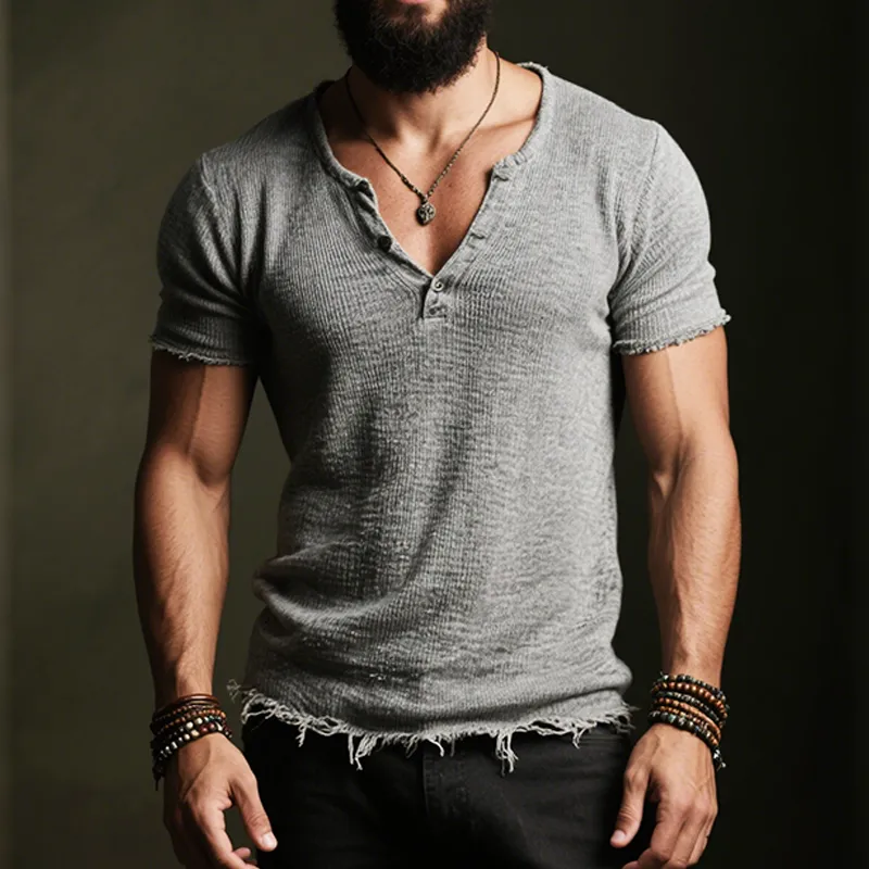 Men's Retro Casual Solid Color Worn Round Neck Short Sleeve T-Shirt MTA1984F0TO sold by Manly product image thumbnail 2