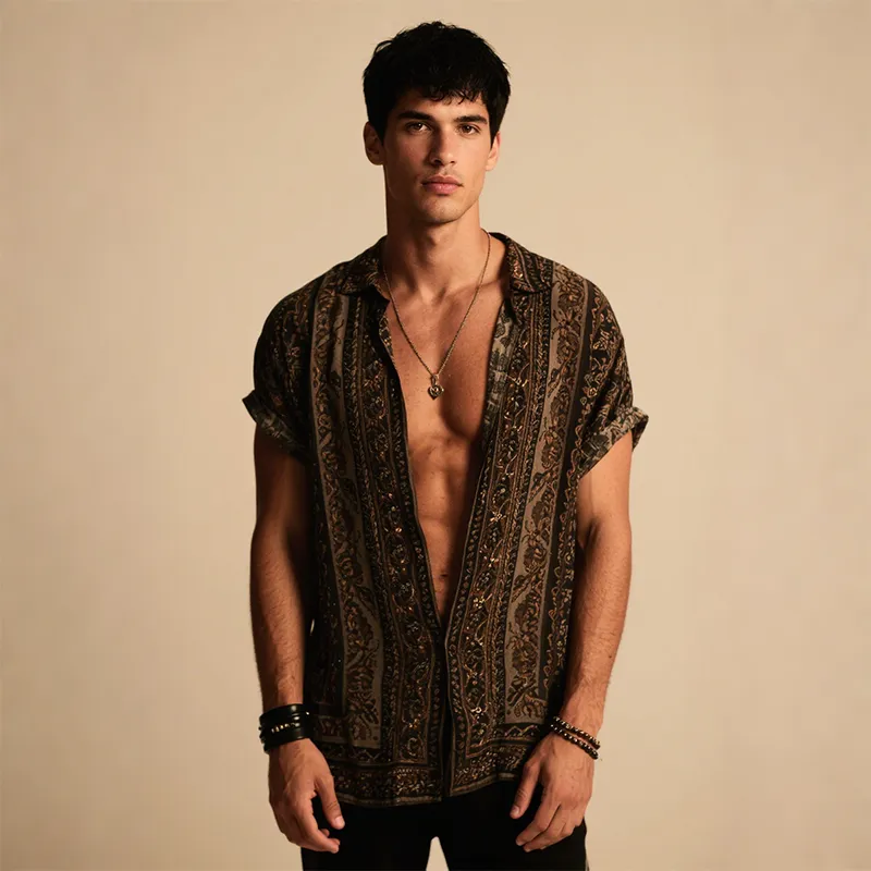 Men's Retro Casual Classical Geometric Print Lapel Short Sleeve Shirt MTA1950F2TO sold by Manly product image thumbnail 3