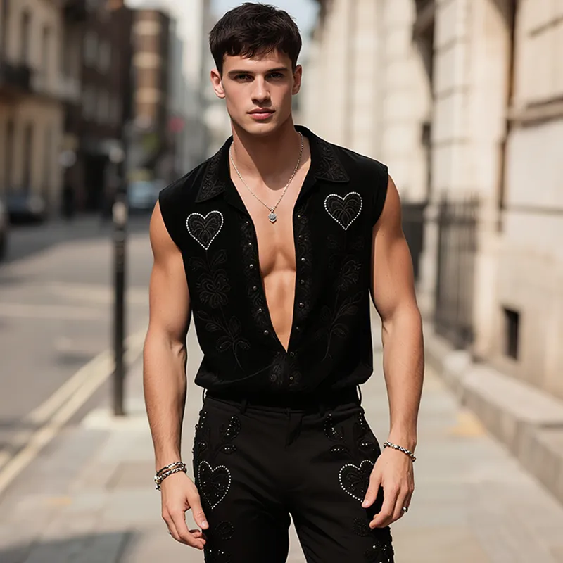 Men's Retro Casual Embroidered Love Patch Diamond Lapel Sleeveless Shirt MTA1988F0TO sold by Manly product image thumbnail 3