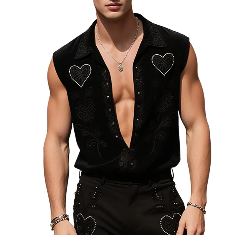 Men's Retro Casual Embroidered Love Patch Diamond Lapel Sleeveless Shirt MTA1988F0TO sold by Manly