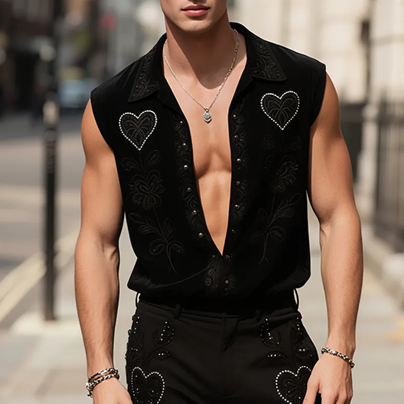 Men's Retro Casual Embroidered Love Patch Diamond Lapel Sleeveless Shirt MTA1988F0TO sold by Manly product image thumbnail 2