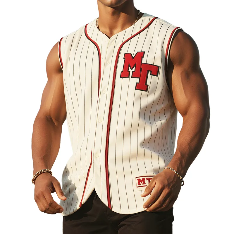 Men's Retro Casual MT Patch Striped Sleeveless Baseball Shirt MTA1931F4TO sold by Manly