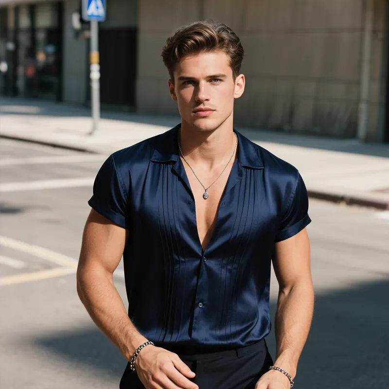 Men's Retro Casual Solid Color Satin Pleated Lapel Short Sleeve Shirt MTA1972F7TO sold by Manly product image thumbnail 3