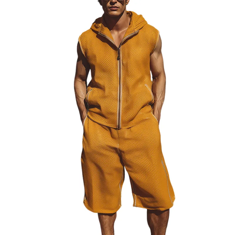Men's Spring Summer Fashion Casual Mesh Cloth Hooded Zipper Sleeveless Shirt Elastic Waist Length To Knee Shorts Set MTA1965F5K sold by Manly