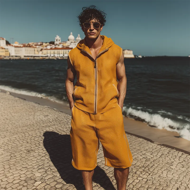Men's Spring Summer Fashion Casual Mesh Cloth Hooded Zipper Sleeveless Shirt Elastic Waist Length To Knee Shorts Set MTA1965F5K sold by Manly product image thumbnail 5