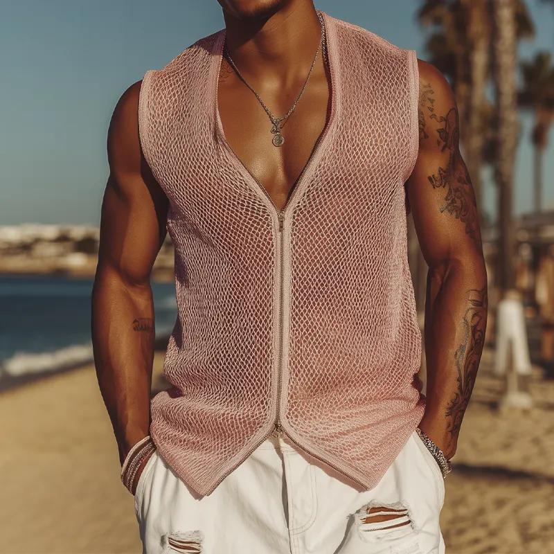 Men's Spring And Summer Fashion Casual Mesh Slim Zipper Deep V Neck Sleeveless Shirt MTA1947F7K sold by Manly product image thumbnail 2