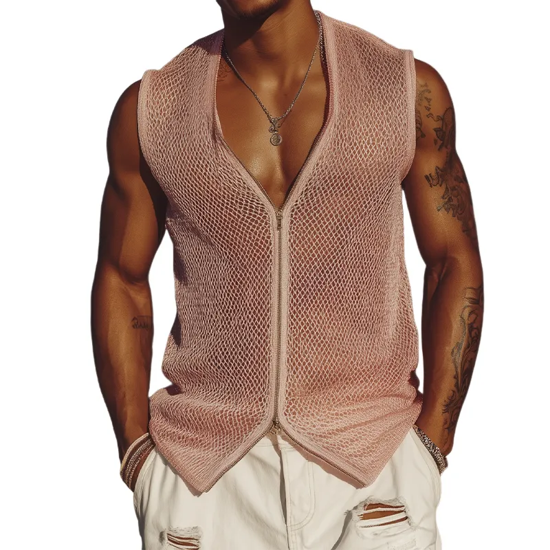 Men's Spring And Summer Fashion Casual Mesh Slim Zipper Deep V Neck Sleeveless Shirt MTA1947F7K sold by Manly