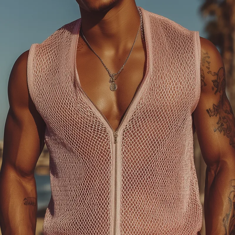 Men's Spring And Summer Fashion Casual Mesh Slim Zipper Deep V Neck Sleeveless Shirt MTA1947F7K sold by Manly product image thumbnail 3