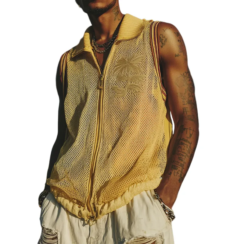 Men's Spring And Summer Fashion Casual Mesh Zipper Lapel Embroidered Sleeveless Shirt MTA1947F8K sold by Manly