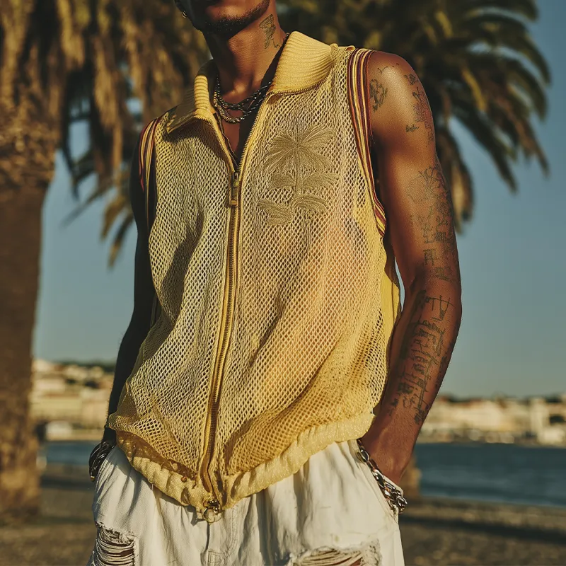 Men's Spring And Summer Fashion Casual Mesh Zipper Lapel Embroidered Sleeveless Shirt MTA1947F8K sold by Manly product image thumbnail 2