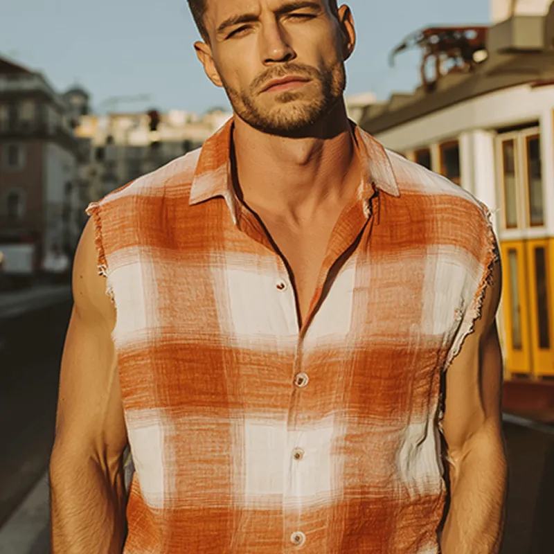 Men's Spring And Summer Fashion Casual Contrast Plaid Cotton Blended Sleeveless Shirt MTA1916F0K sold by Manly product image thumbnail 4