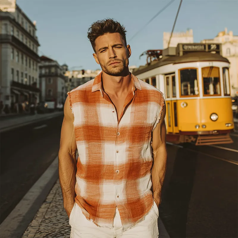 Men's Spring And Summer Fashion Casual Contrast Plaid Cotton Blended Sleeveless Shirt MTA1916F0K sold by Manly product image thumbnail 3