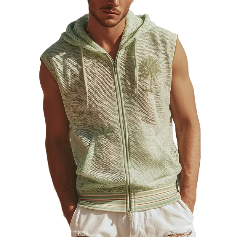 Men's Spring And Summer Fashion Casual Mesh Embroidery Hooded Zipper Sleeveless Shirt MTA1928F1K sold by Manly