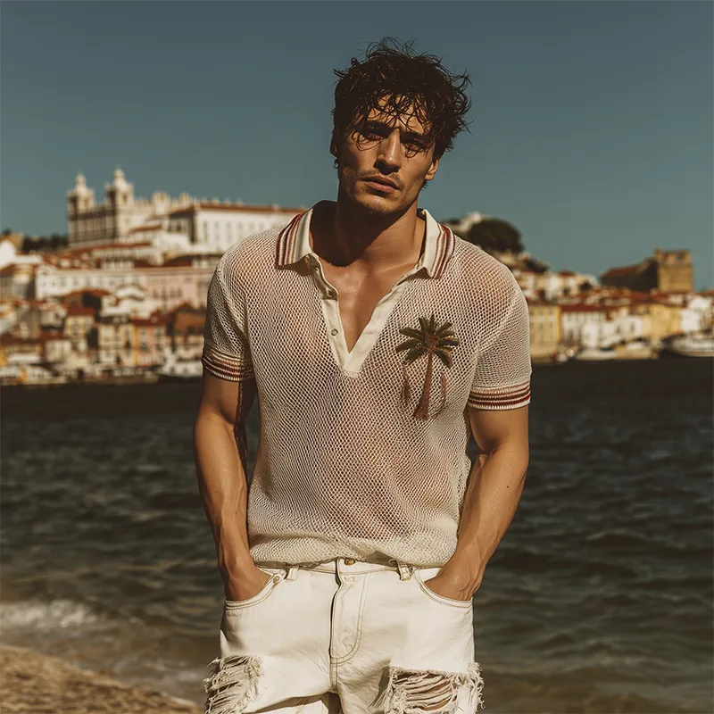 Men's Spring And Summer Fashion Casual Mesh Fabric Micro-transparent Coconut Tree Embroidery Short-sleeved Polo Shirt MTA1901F8K sold by Manly product image thumbnail 3