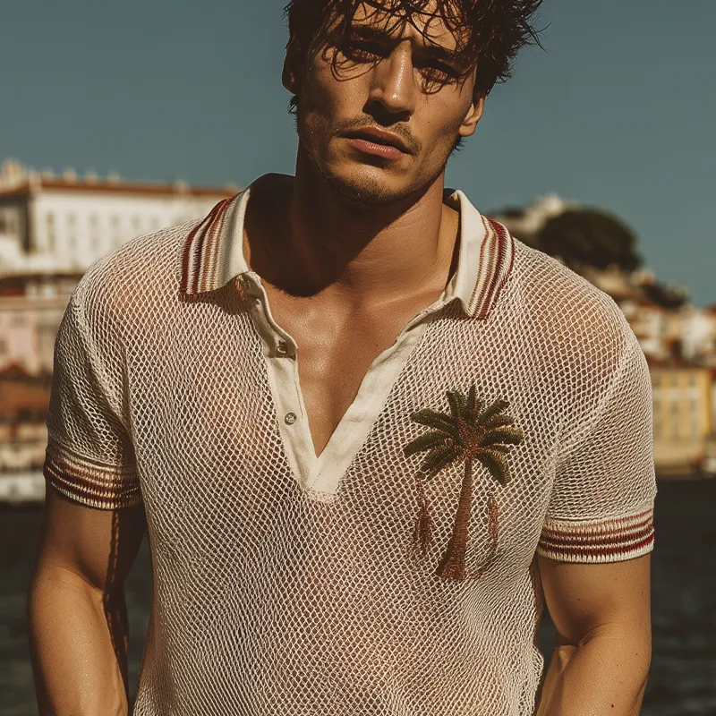 Men's Spring And Summer Fashion Casual Mesh Fabric Micro-transparent Coconut Tree Embroidery Short-sleeved Polo Shirt MTA1901F8K sold by Manly product image thumbnail 5