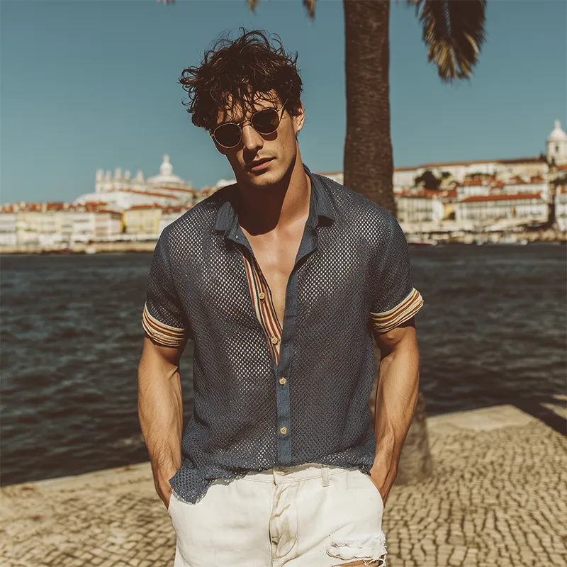 Men's Spring And Summer Fashion Casual Mesh Patchwork Cotton Blend Short-sleeved Shirt MTA1981F7K sold by Manly product image thumbnail 3