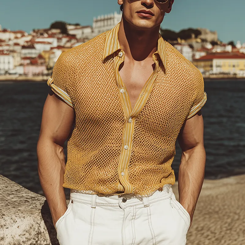 Men's Spring And Summer Fashion Casual Mesh Fabric Micro-transparent Stitching Cotton Blended Striped Slim Short-sleeved Shirt MTA1923F4K sold by Manly product image thumbnail 2