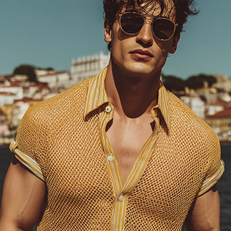 Men's Spring And Summer Fashion Casual Mesh Fabric Micro-transparent Stitching Cotton Blended Striped Slim Short-sleeved Shirt MTA1923F4K sold by Manly product image thumbnail 5