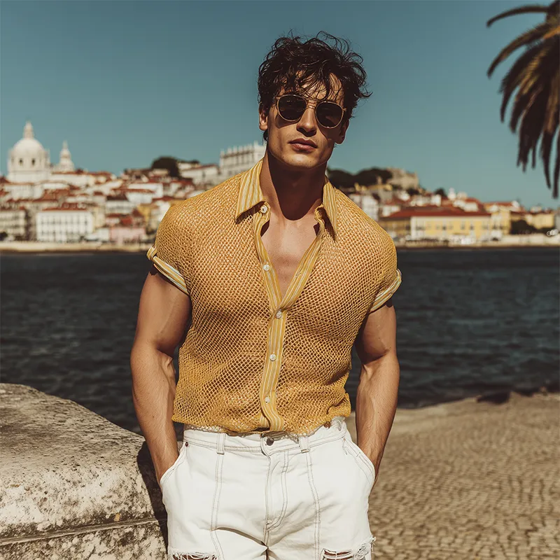 Men's Spring And Summer Fashion Casual Mesh Fabric Micro-transparent Stitching Cotton Blended Striped Slim Short-sleeved Shirt MTA1923F4K sold by Manly product image thumbnail 3