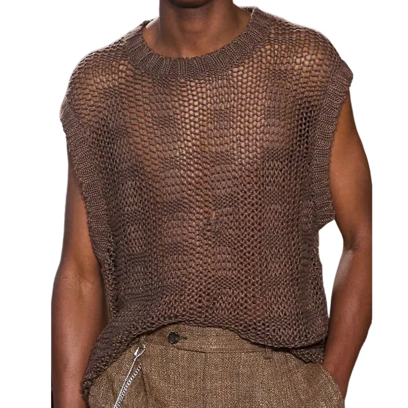 Men's Spring And Summer Fashion Casual Slightly Transparent Sexy Round Neck Knitted Tank Top MTA1609F8K sold by Manly