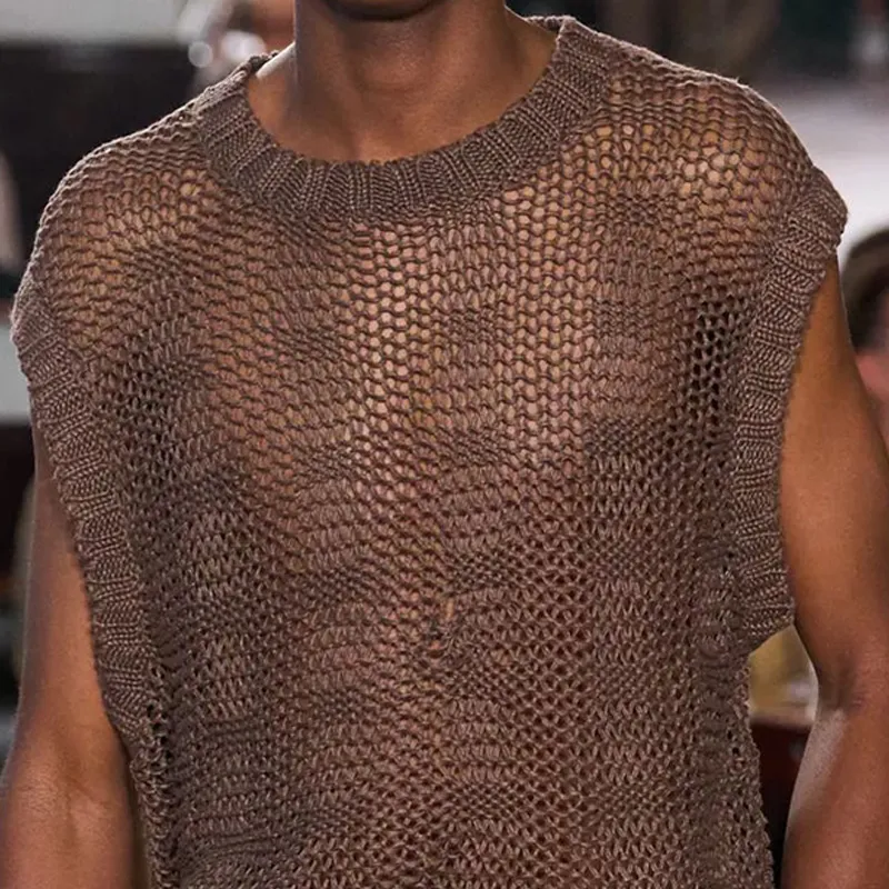 Men's Spring And Summer Fashion Casual Slightly Transparent Sexy Round Neck Knitted Tank Top MTA1609F8K sold by Manly product image thumbnail 2