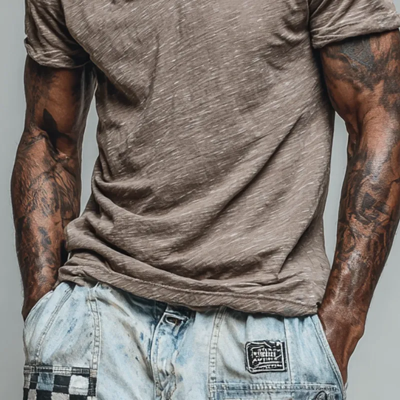 Men's Cotton Blend Plaid Print V-neck Short-sleeved T-shirt MTA1962F8X sold by Manly product image thumbnail 4