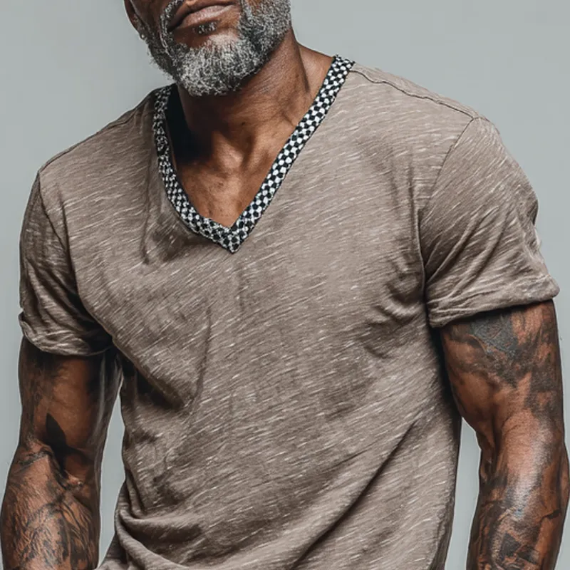 Men's Cotton Blend Plaid Print V-neck Short-sleeved T-shirt MTA1962F8X sold by Manly product image thumbnail 3