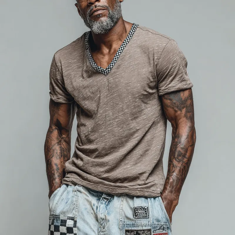 Men's Cotton Blend Plaid Print V-neck Short-sleeved T-shirt MTA1962F8X sold by Manly product image thumbnail 2