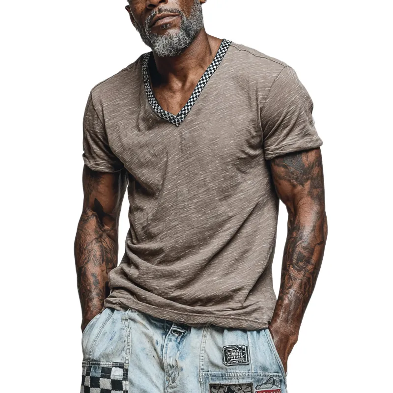 Men's Cotton Blend Plaid Print V-neck Short-sleeved T-shirt MTA1962F8X sold by Manly