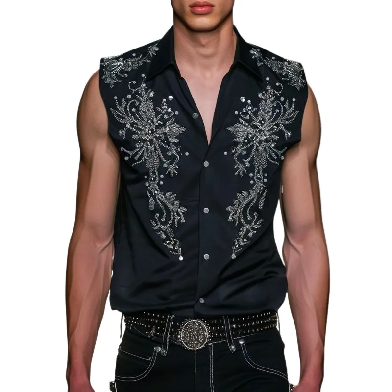 Men's Embroidered Lapel Sleeveless Single Breasted Tank Top MTA1975F2Z sold by Manly