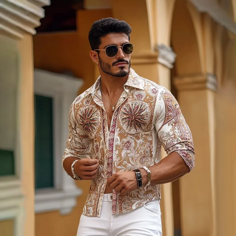 Men's Vintage Print Lapel Long Sleeve Shirt MTA1967F6Z sold by Manly product image thumbnail 3