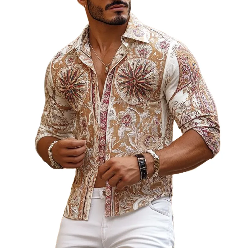 Men's Vintage Print Lapel Long Sleeve Shirt MTA1967F6Z sold by Manly