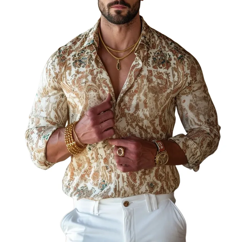 Men's Vintage Print Lapel Long Sleeve Shirt MTA1981F2Z sold by Manly